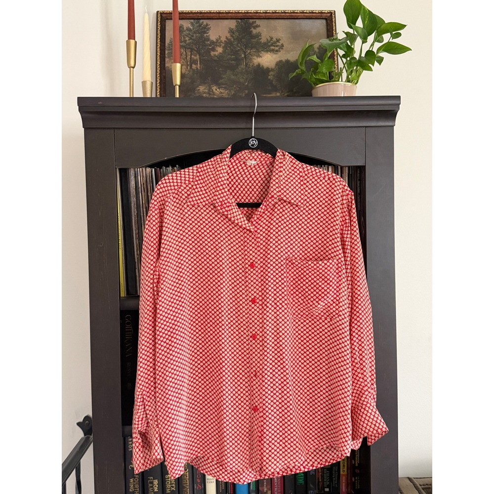 Vintage 100% Pure Silk Floral Print Button Up Shirt Size M Red Cream Retro